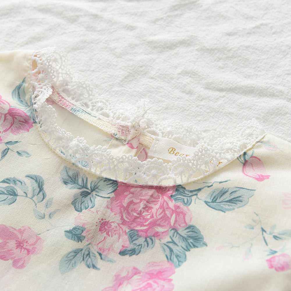 Girls' Floral Printing Lace Organic Cotton Pajamas