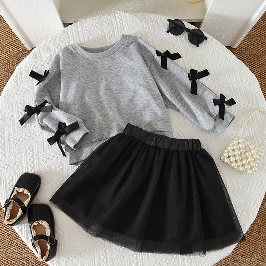Girls' Bow Sweatshirt+Mesh Skirt Fashion 2pcs Set