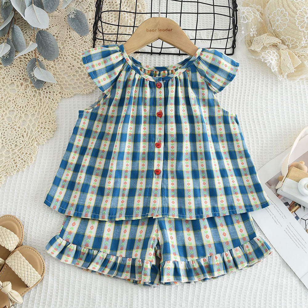 Girls' Contrast Colors Plaid Shorts Set