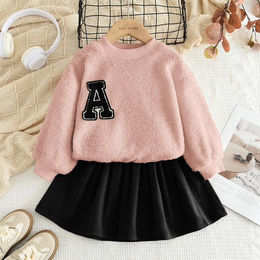 Girls' Letter Plush Top+Skirt Casual Set
