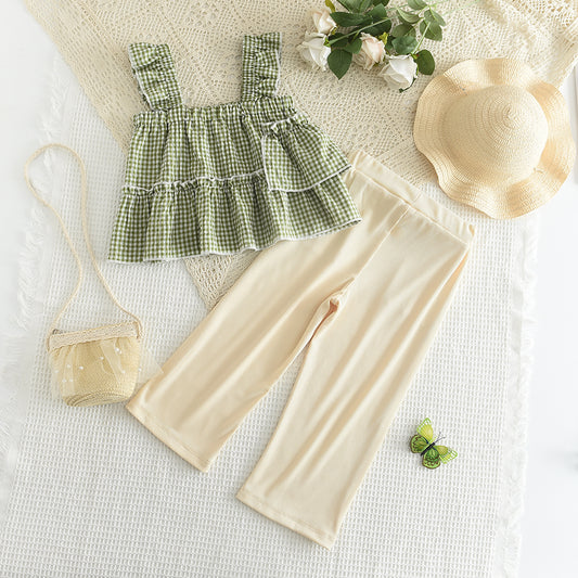 Girls' Ruffle Plaid Sun-top+Trousers Set
