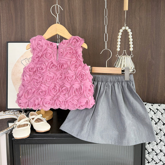 Girls' Rose Top+Cute Skirt Fashion Set