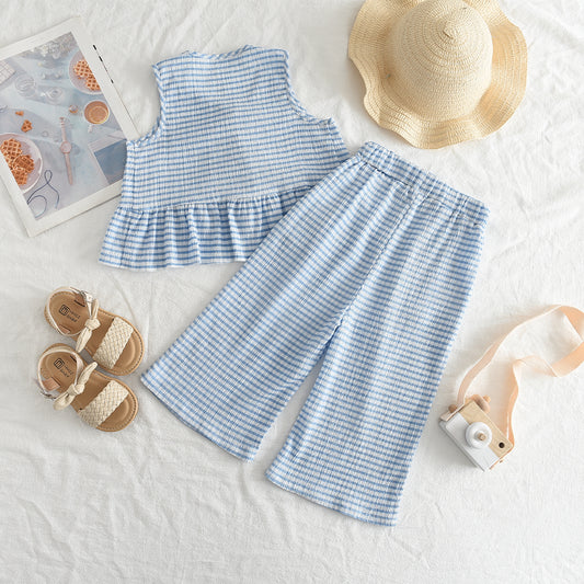 Girls' Strips Ruffle Loose Style Casual Set