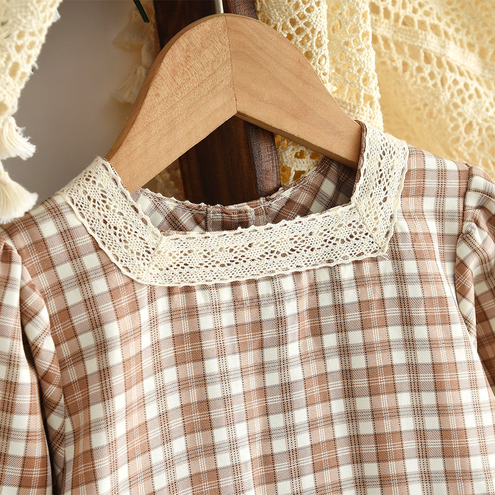 Girls' Lace Patchwork Plaid Vintage Dress