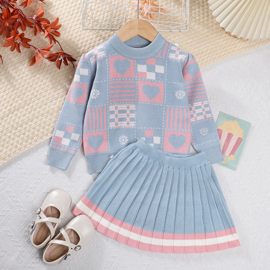 Girls' Geometric Patterns Knitted Suit Sweater Set