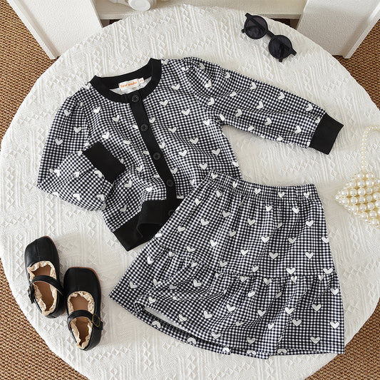 Girls' Cartoon Printing Cardigan Skirt 2pcs Plaid Set