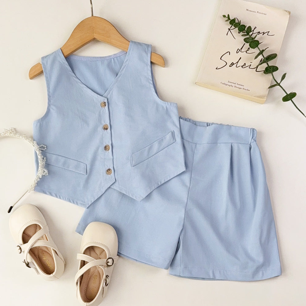 Girls' V-neck Top+Shorts Vintage Set