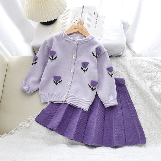 Girls' Tulip Knitted Cardigan+Pleated Skirt 2pcs Set