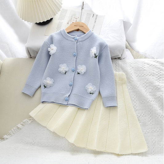 Girls' Lace Flowers Knitted Cardigan+Skirt 2pcs Set