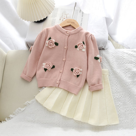 Girls' 3d Flowers Knitted Cardigan+Skirt 2pcs Sweater Set