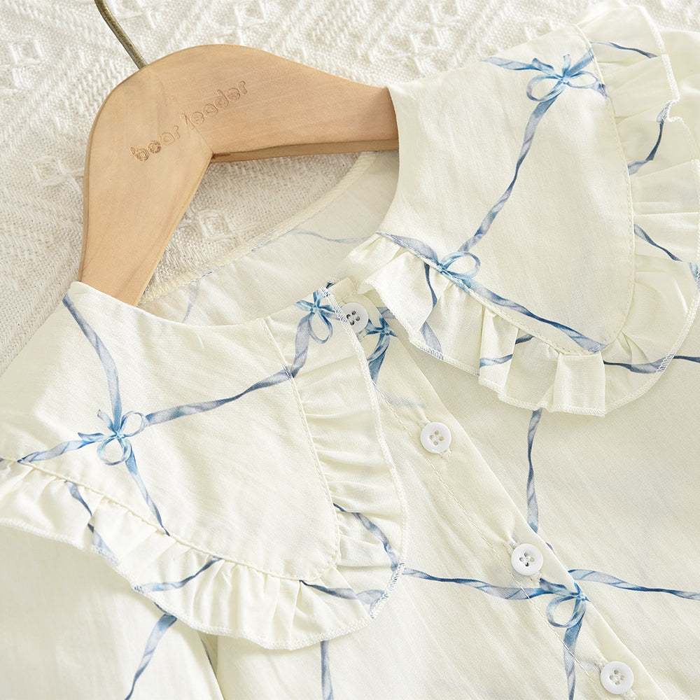 Girls' Bow-knot Printing Shirt+Patchwork Skirt Set