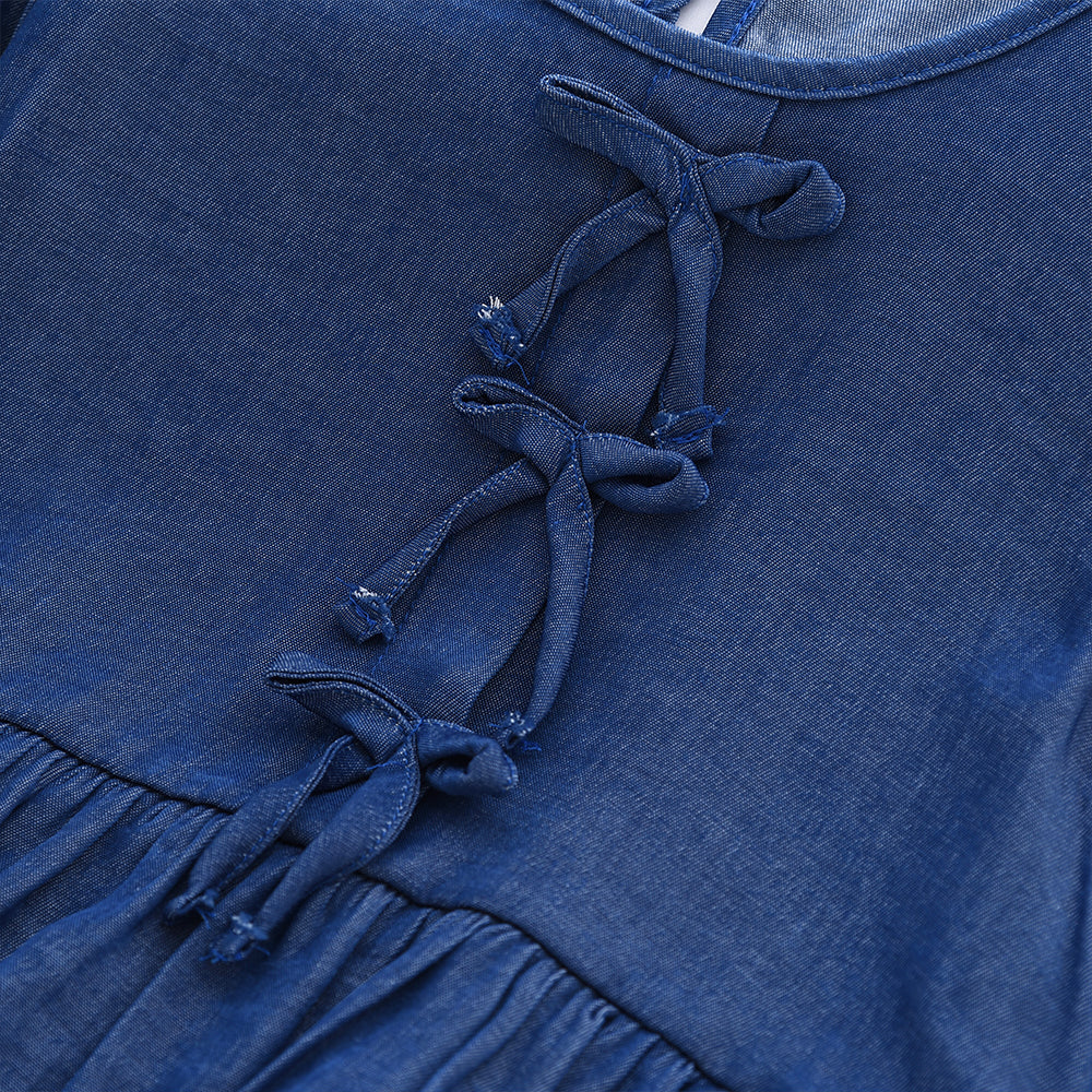 Girls' Bow-knot Fake Denim Ruffle Blouse