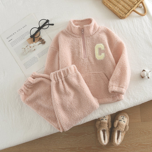 Girls' Letter Patch Zip Top+Trousers Fluffy Casual Set
