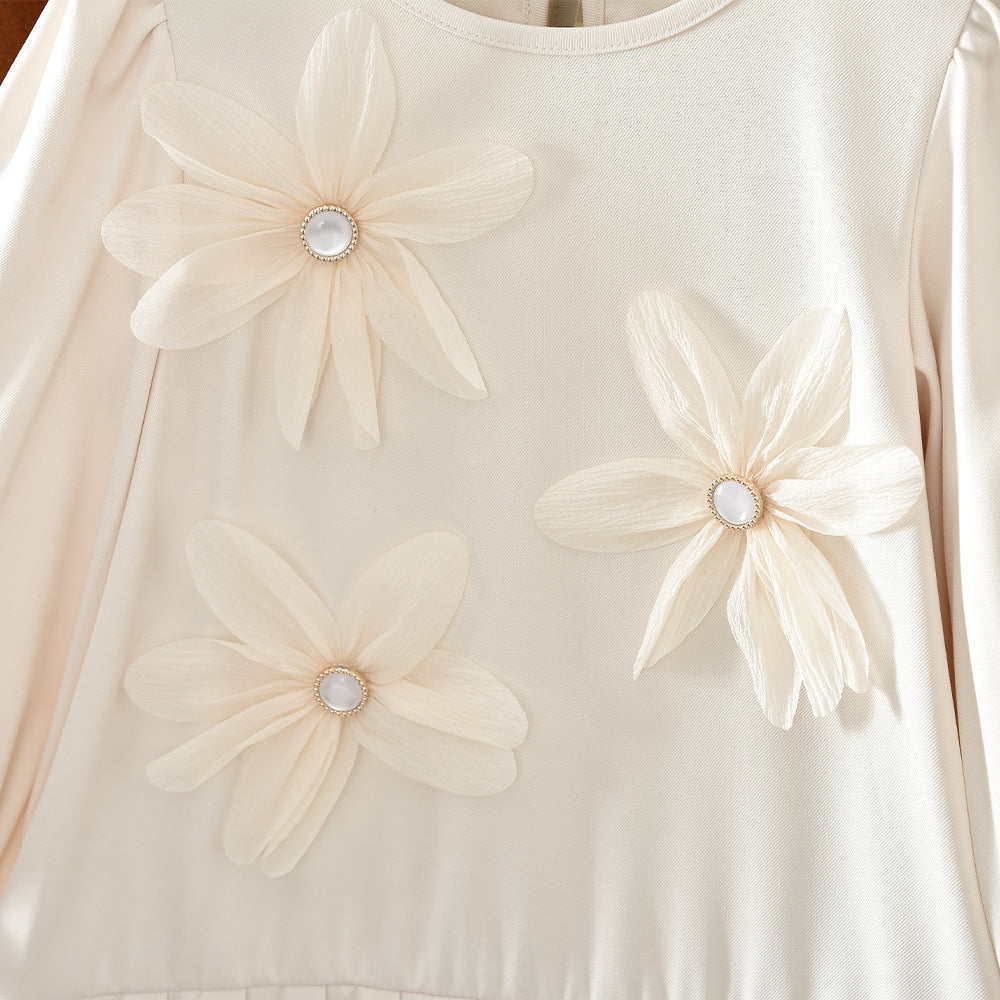 Girls' Long Sleeve Flowers Pleated Dress