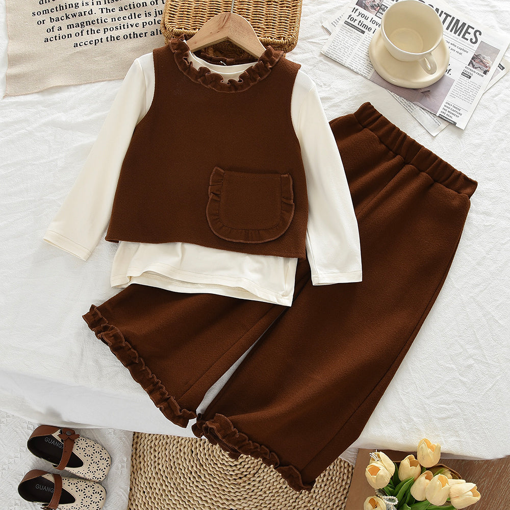 Girls' Long Sleeve T-shirt+Waistcoat+Pant 3PCS Set