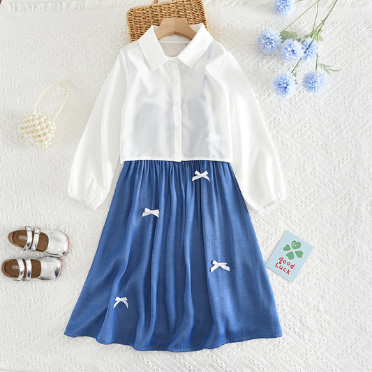 Girls' Bow Sundress+Classic Blouse 2pcs Fashion Set