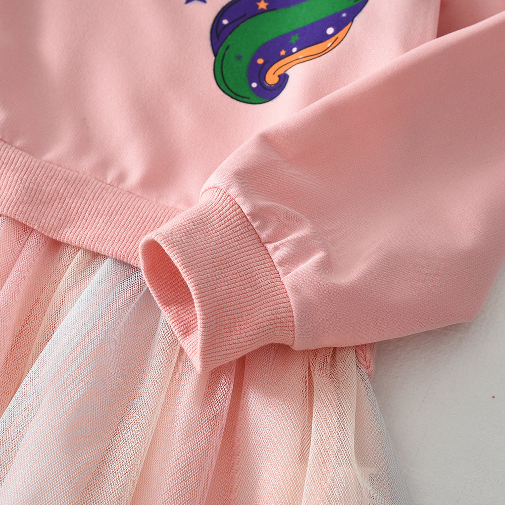 Girls' Cartoon Unicorn Patchwork Mesh Dress