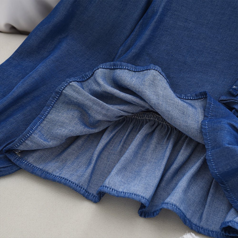Girls' Bow-knot Fake Denim Ruffle Blouse