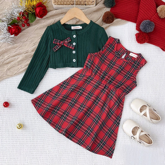 Girls' Color Blocking Plaid Dress+Bow Cardigan 2pcs Christmas Outfit