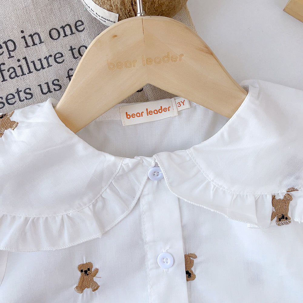 Girls' Cartoon Embroidery Shirt+Skirt Set