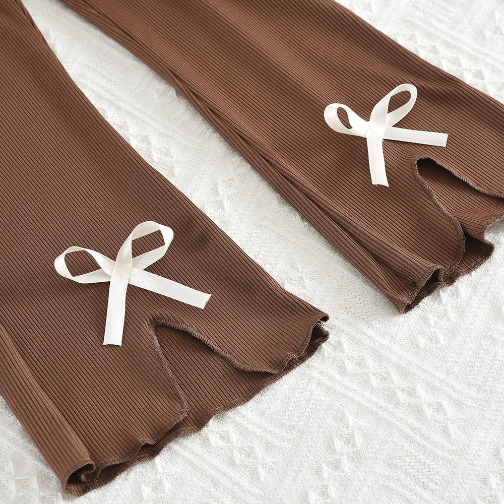 Girls' Lapel Stripes Long Sleeve Top+Flared Trousers Cute Set