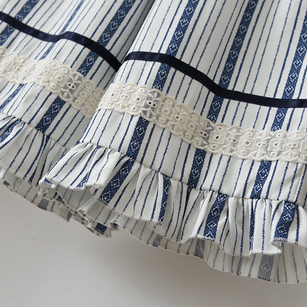 Bow Lace Stripes Shirt+Ruffle Pants Girls' Stylish Summer Set