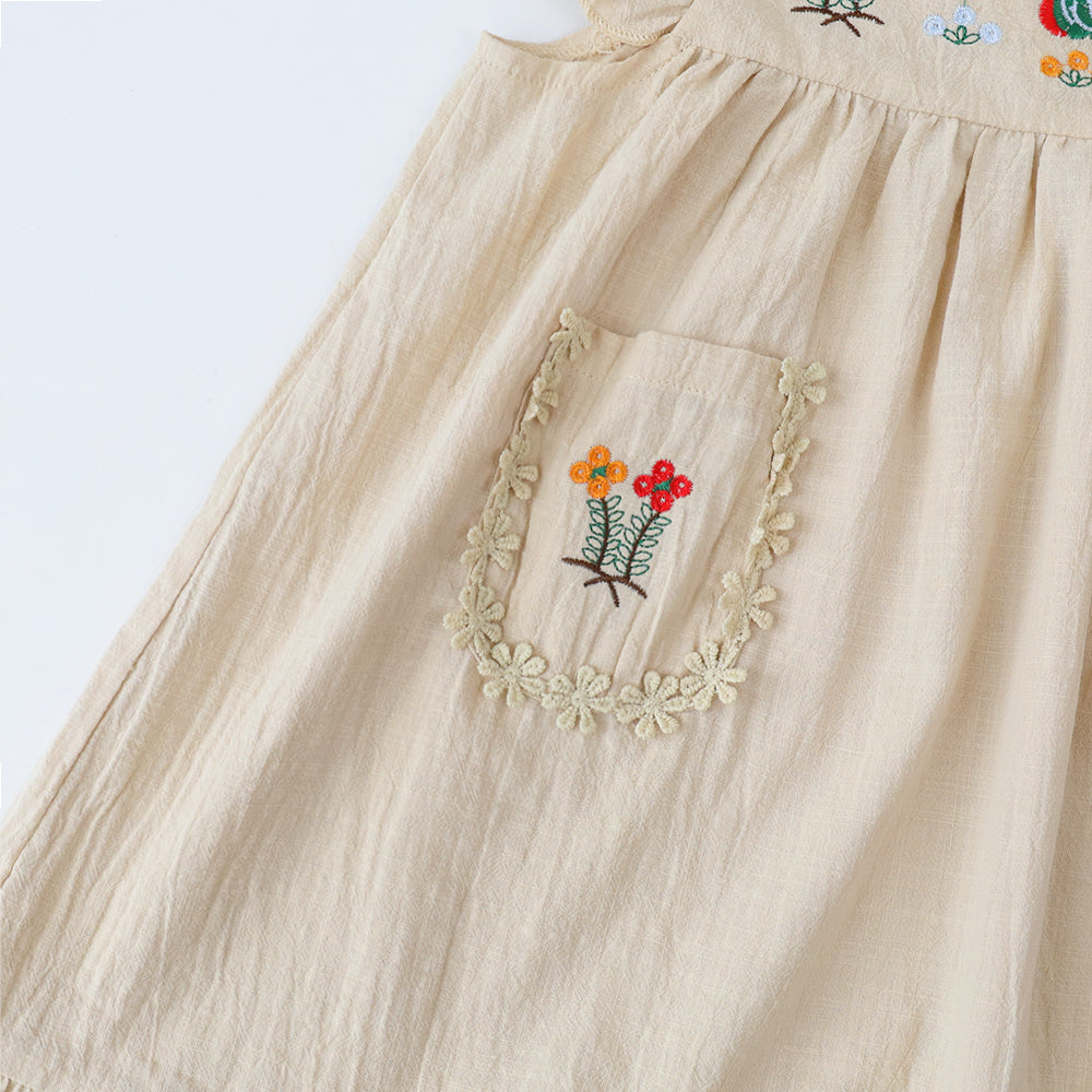 Girls' Floral Embroidery Pockets Cotton Dress