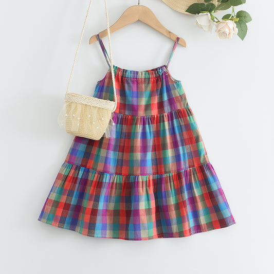 Girls' Plaid Pattern Contrast Colors Sun Dress