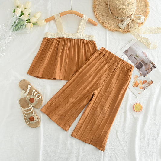 Girls' Lace Sun-top+Loose Pant Vacation Set