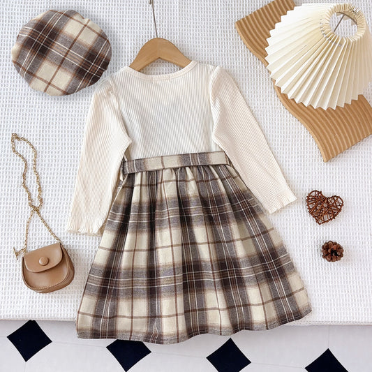 Girls' Plaid Patchwork Dress Free Hat