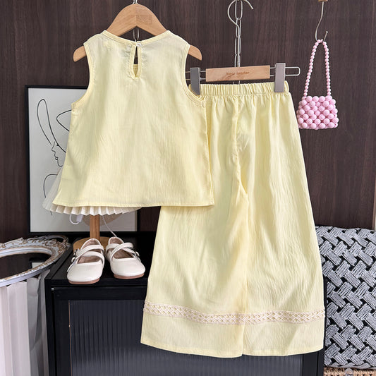 Floral Lace Vest+Wide Leg Pants Elegant Girls' Set