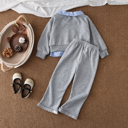 Girls' Bow Stripes Fake 2pcs Top+Trousers Fashion Set