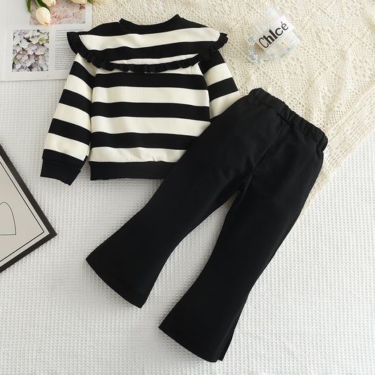 Girls' Stripes Top+Flared Trousers Vintage Set