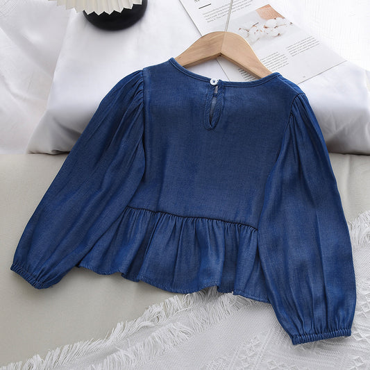 Girls' Bow-knot Fake Denim Ruffle Blouse