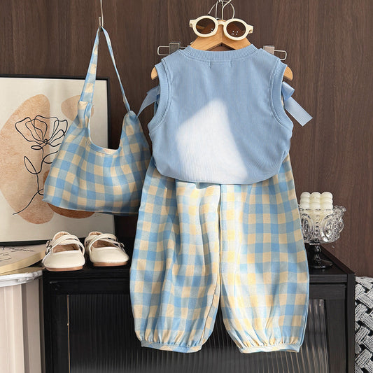 Girls' Plaid Trousers Cute Set+Free Bag