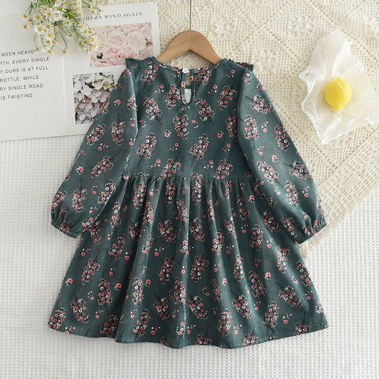 Girls' Floral Print Long Sleeve Casual Dress