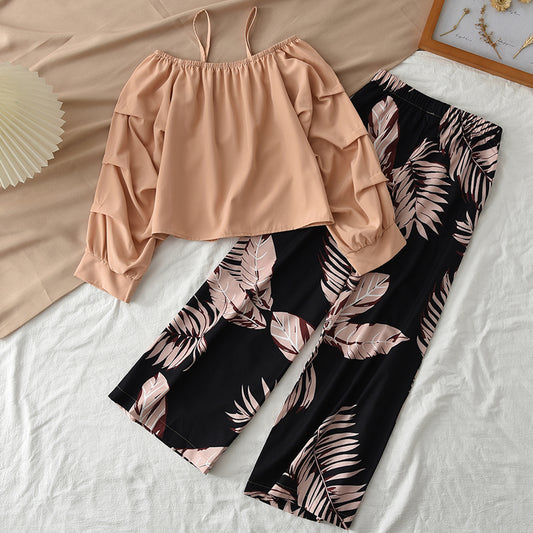 Girls' Wrinkle Sun Top+Printing Trousers Teen Set