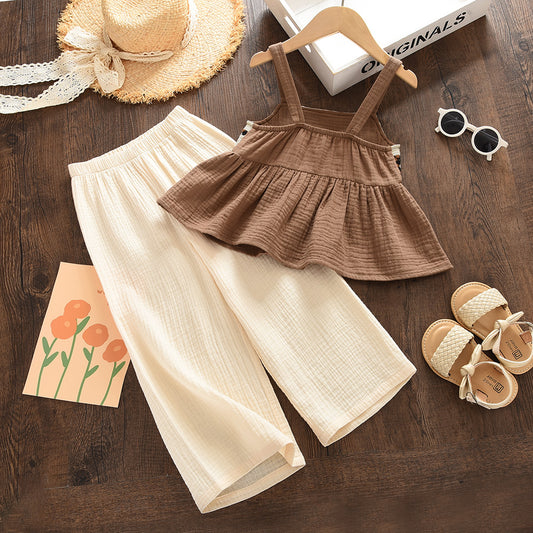 Girls' Ethnic Style Knitting Sun-top+Pant Organic Cotton Set