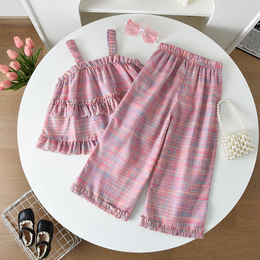 Girls' Plaid Sun-top+Trousers Vacation Set