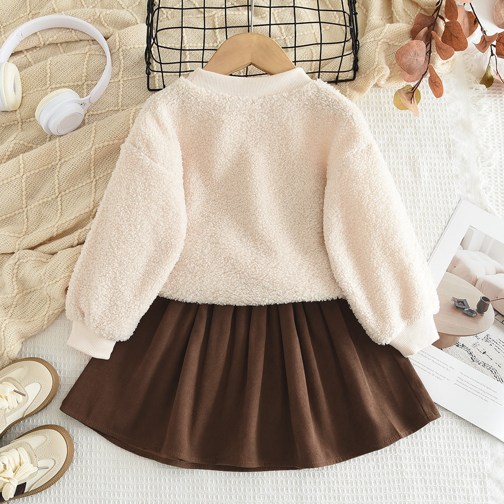 Girls' Letter Plush Top+Skirt Casual Set