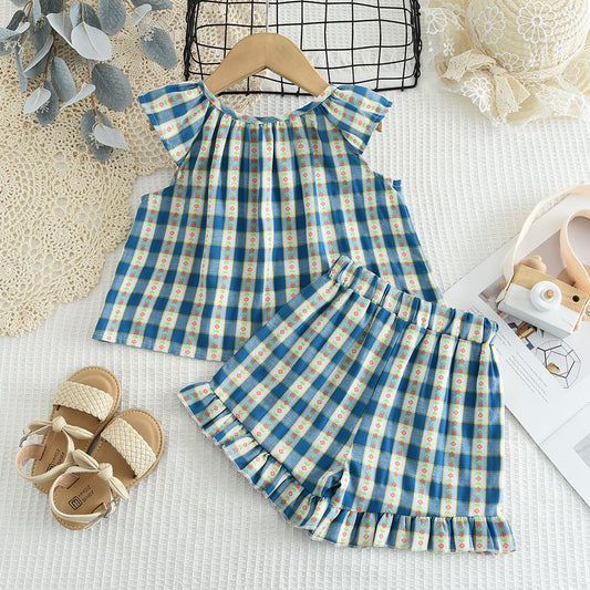 Girls' Contrast Colors Plaid Shorts Set