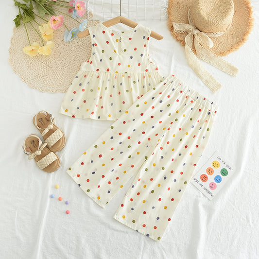 Girls' Colorful Polka Dots Trousers Cotton Set