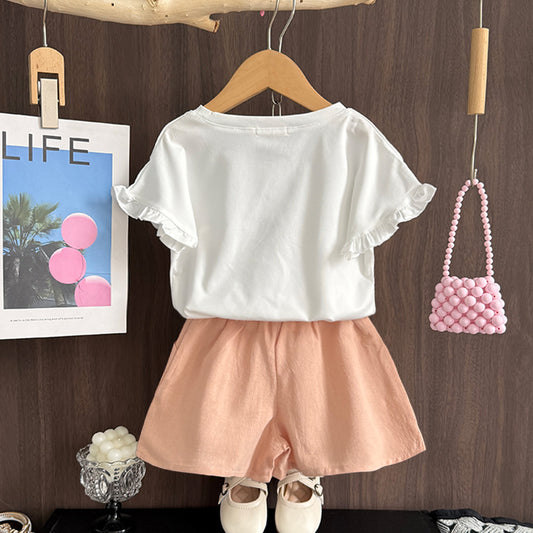Girls' Lace Cartoon T-shirt+Shorts Casual Set