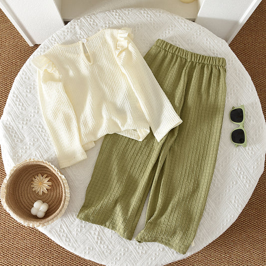 Girls' Flower Long Sleeve Shirt Trousers Cute Set