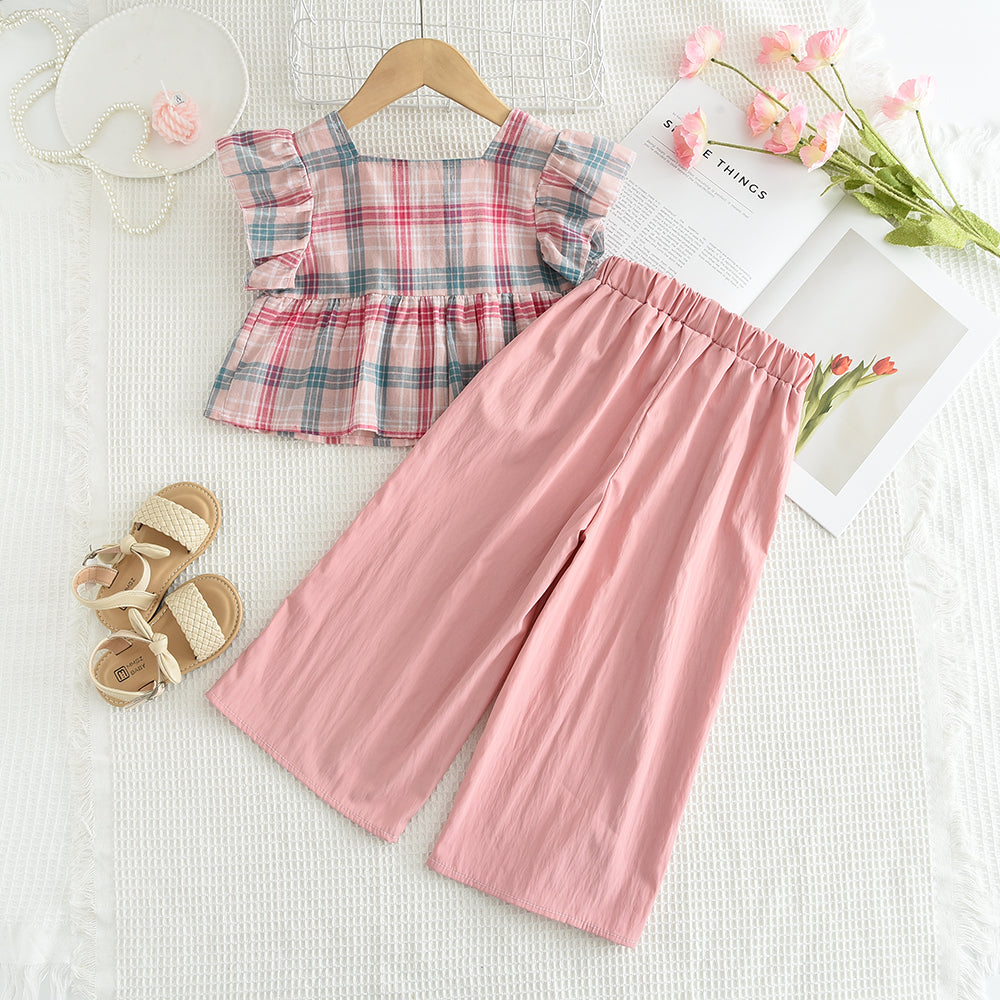 Girls' Contrast Colors Plaid Shirt+Loose Pant Set