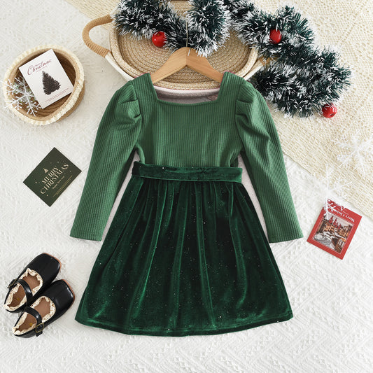 Girls' Velvet Patchwork Christmas Princess Dress