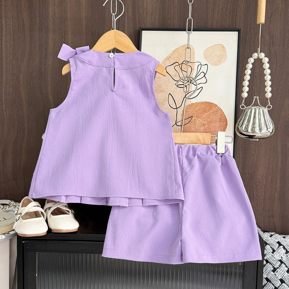 Girls' Bow-knot Top+shorts 2PCS Casual Set