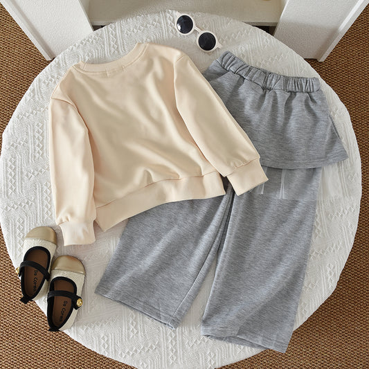 Girls' Letters Lace Casual Sweatshirt Set