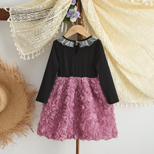 Girls' Lace Collar 3d Flowers Bow Dress Fashion Outfit