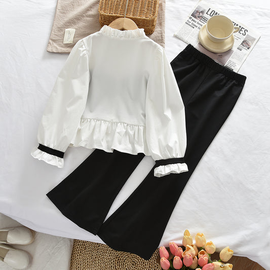 Girls' Patchwork Blouse+Flared Trousers Vintage Set